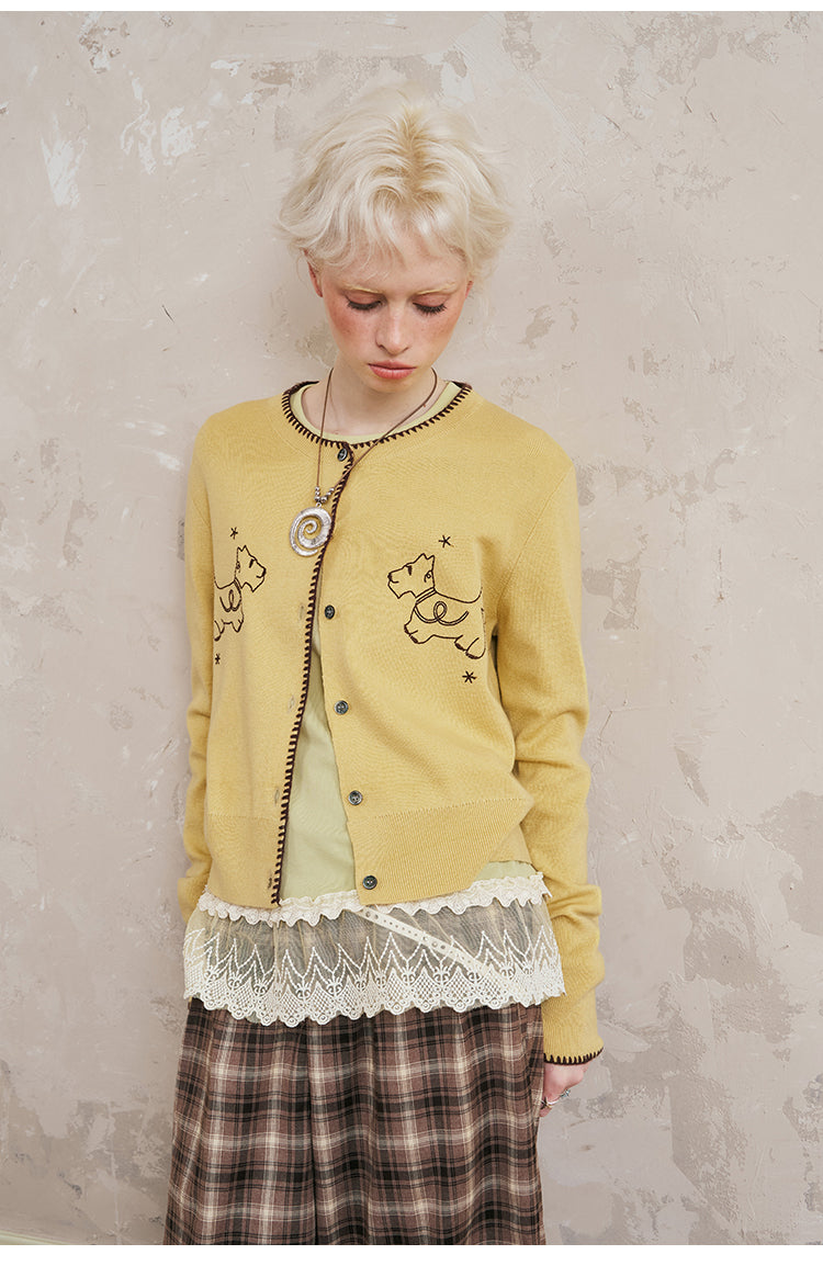 Puppy Embroidered Stitched Knit Cardigan
