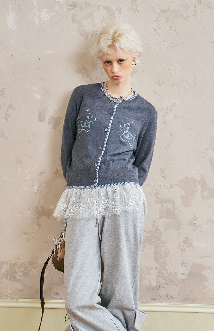 Puppy Embroidered Stitched Knit Cardigan