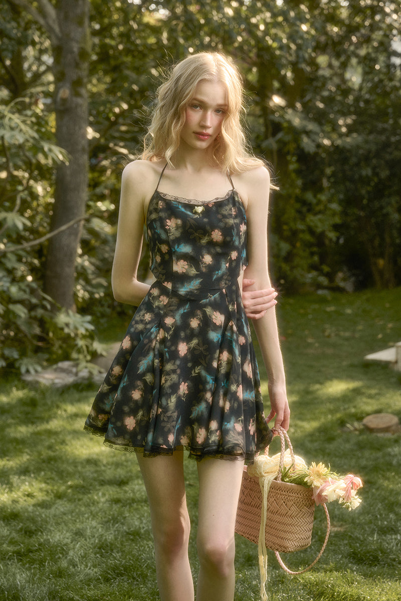 Floral Halter Dress With Back Tie Ribbon