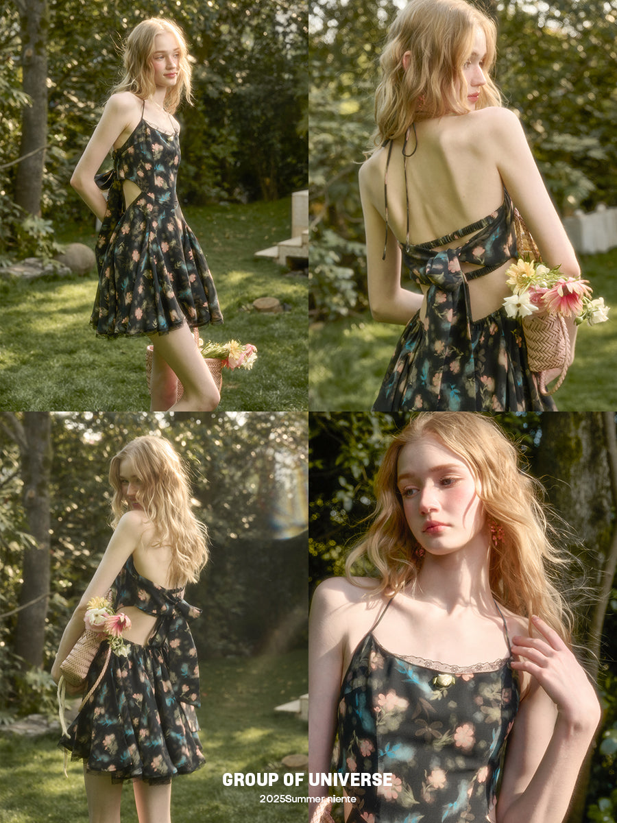 Floral Halter Dress With Back Tie Ribbon