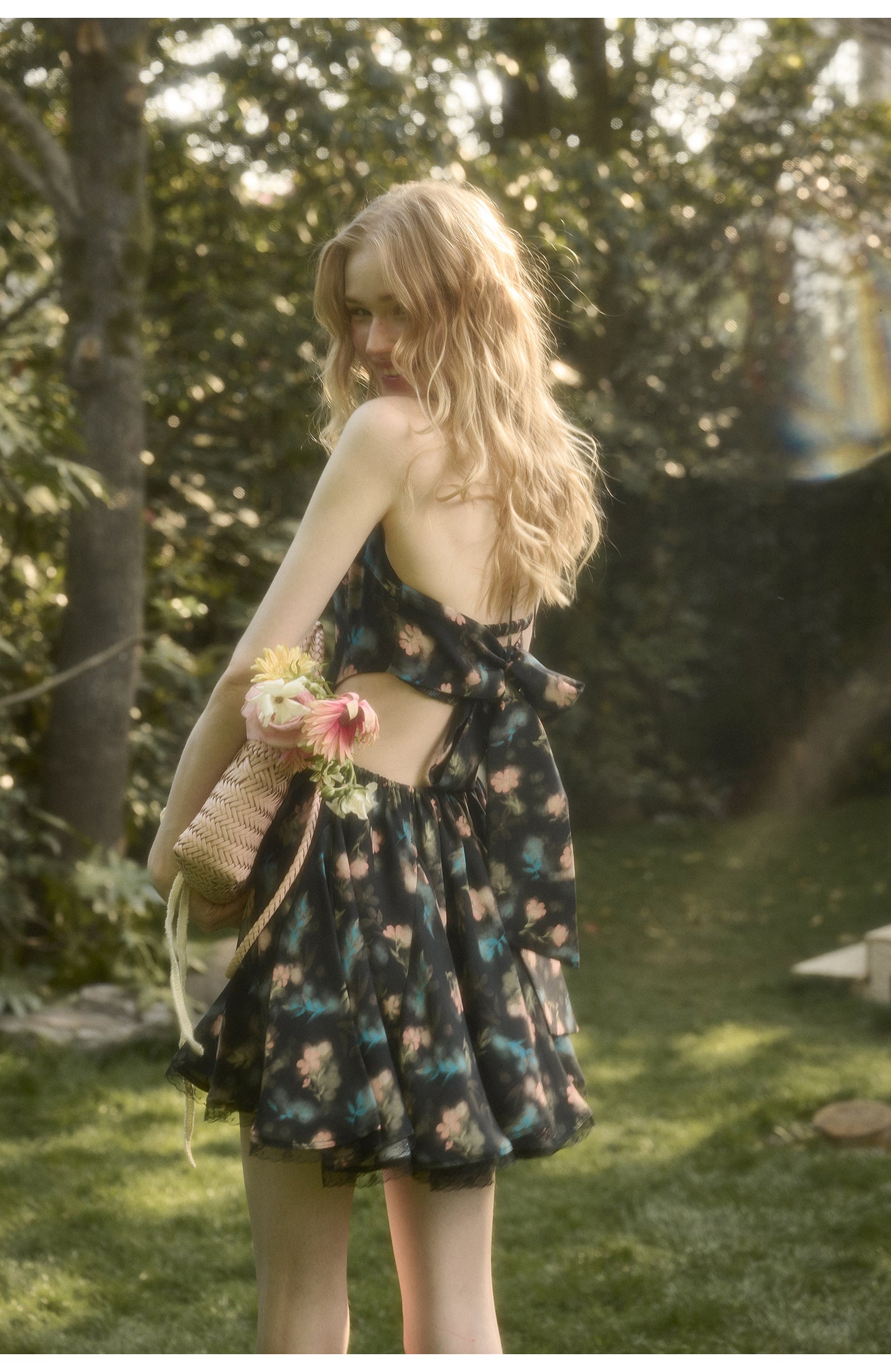 Floral Halter Dress With Back Tie Ribbon