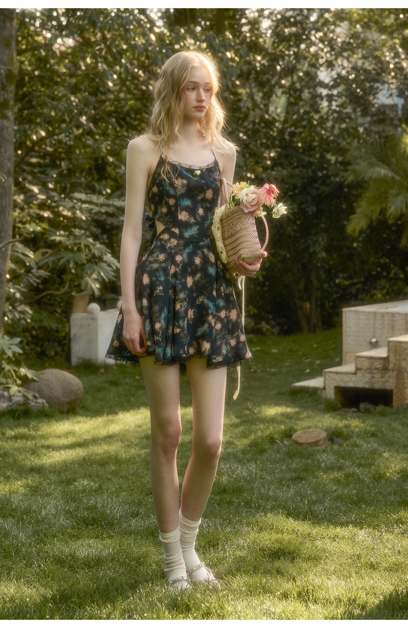 Floral Halter Dress With Back Tie Ribbon