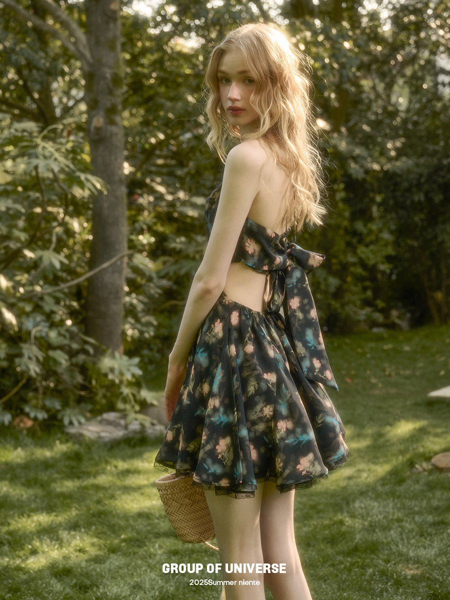 Floral Halter Dress With Back Tie Ribbon