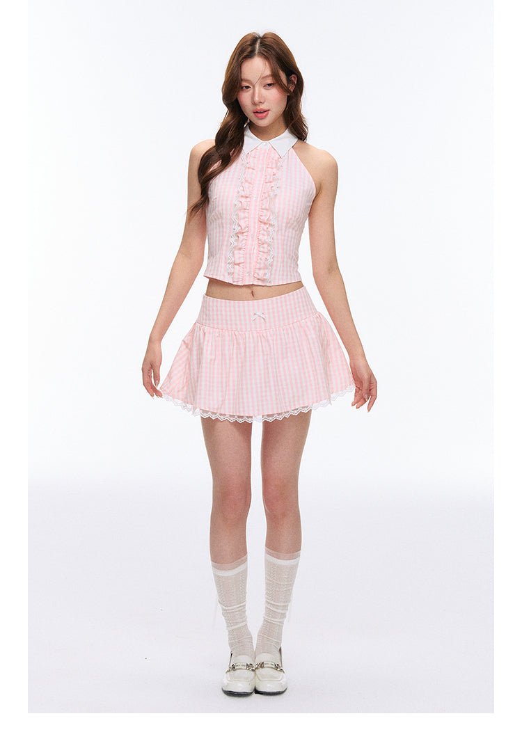 Vintage-Inspired Sleeveless Gingham Top And Matching Skirt
