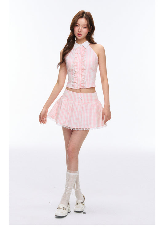 Vintage-Inspired Sleeveless Gingham Top And Matching Skirt