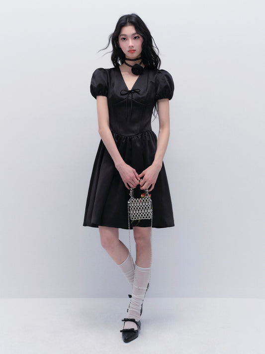 Puff Sleeve Structured Glossy Satin Dress