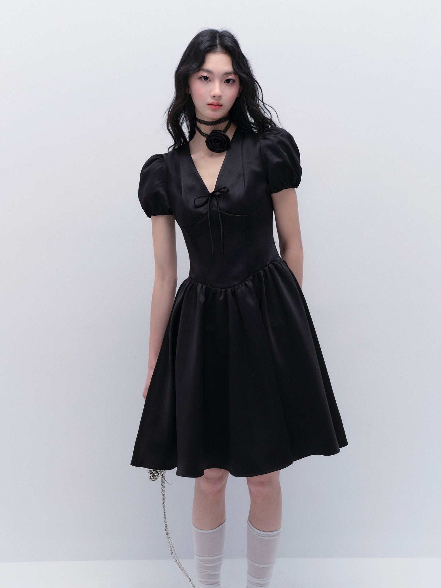Puff Sleeve Structured Glossy Satin Dress