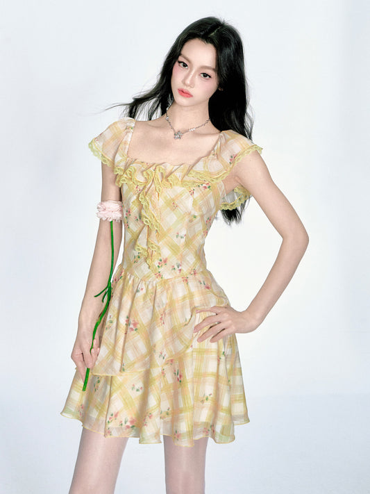 Plaid Floral Dress With Ruffle Detail