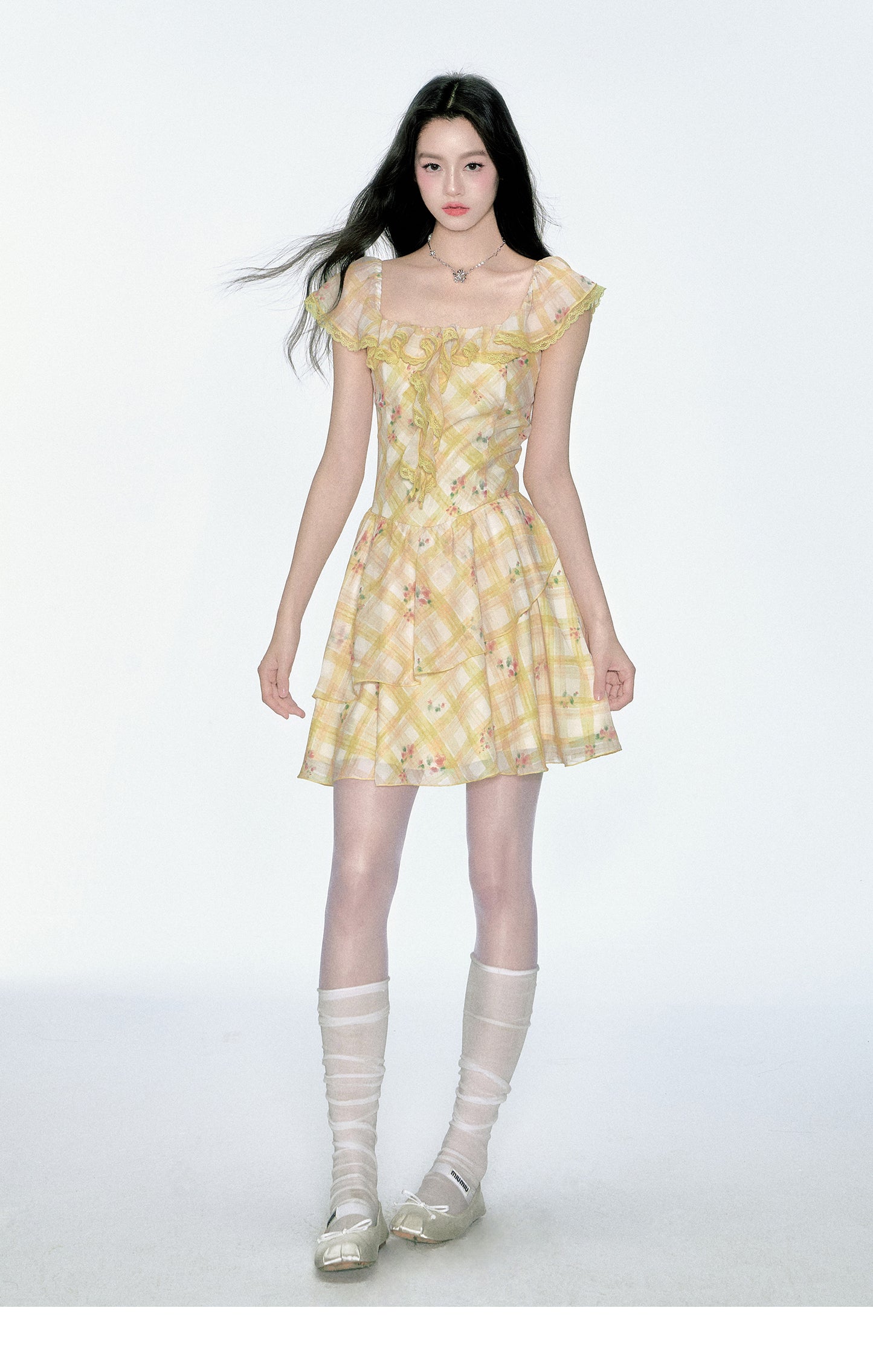 Plaid Floral Dress With Ruffle Detail