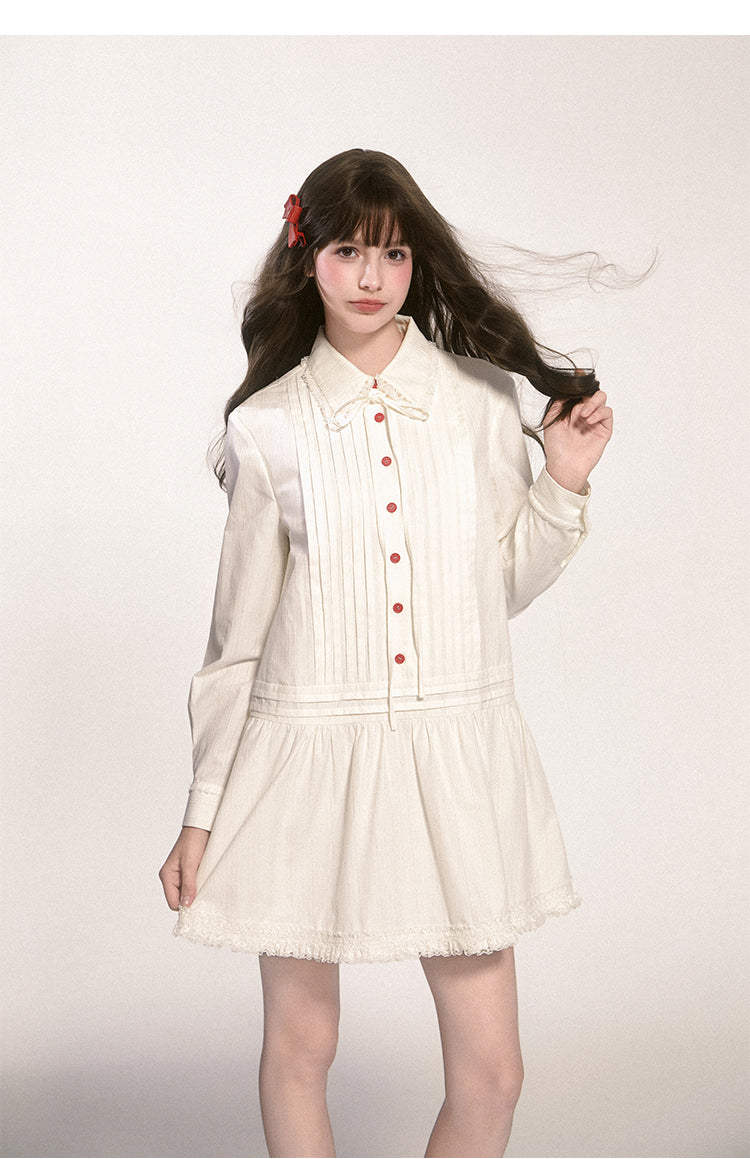 Doll Collar Pintuck Frilled Shirt Dress