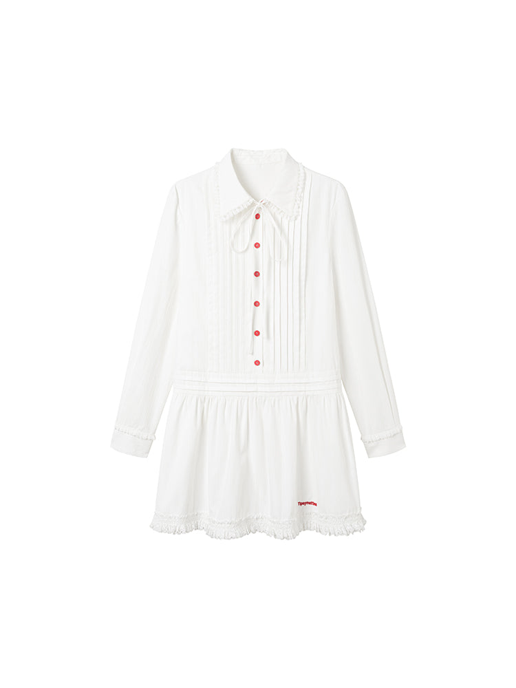 Doll Collar Pintuck Frilled Shirt Dress