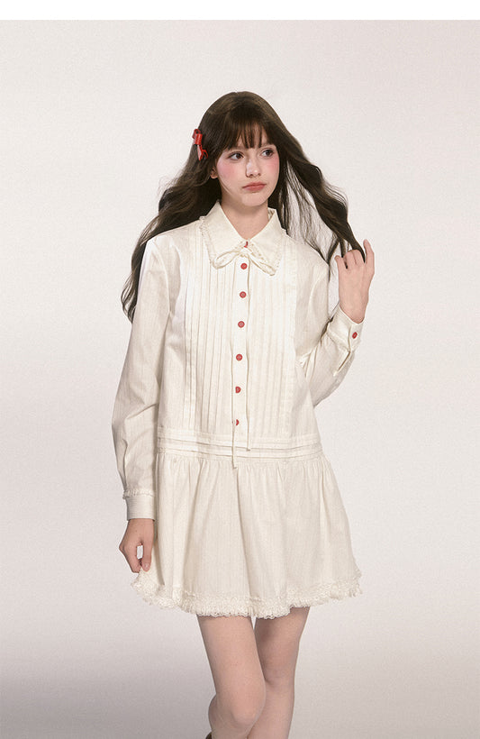 Doll Collar Pintuck Frilled Shirt Dress
