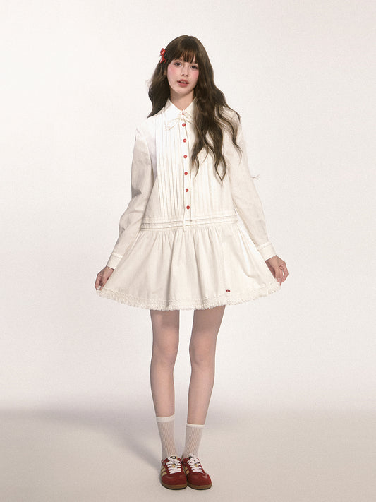 Doll Collar Pintuck Frilled Shirt Dress