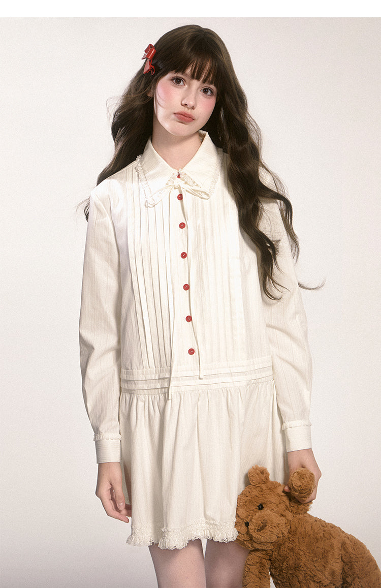 Doll Collar Pintuck Frilled Shirt Dress