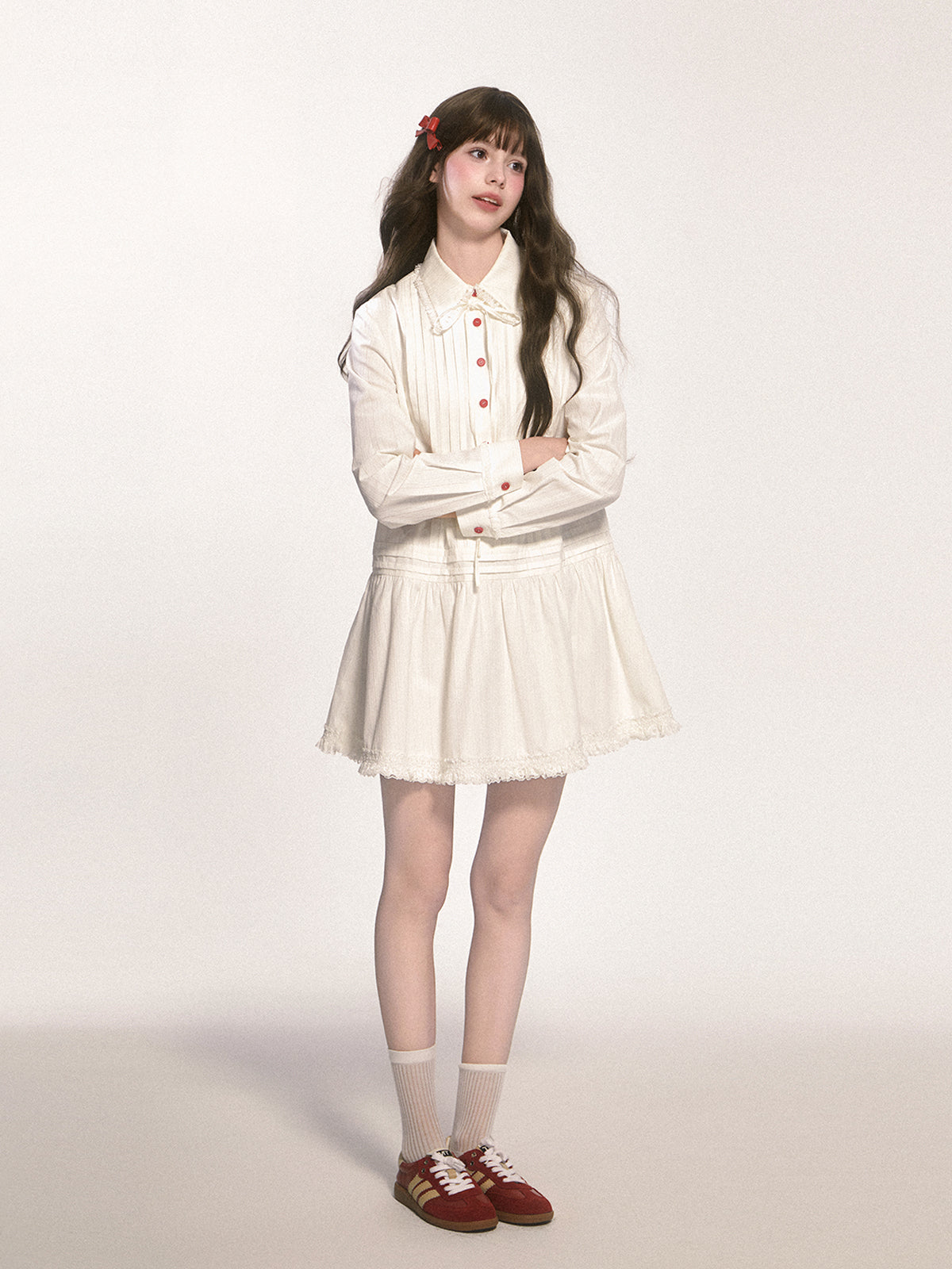 Doll Collar Pintuck Frilled Shirt Dress