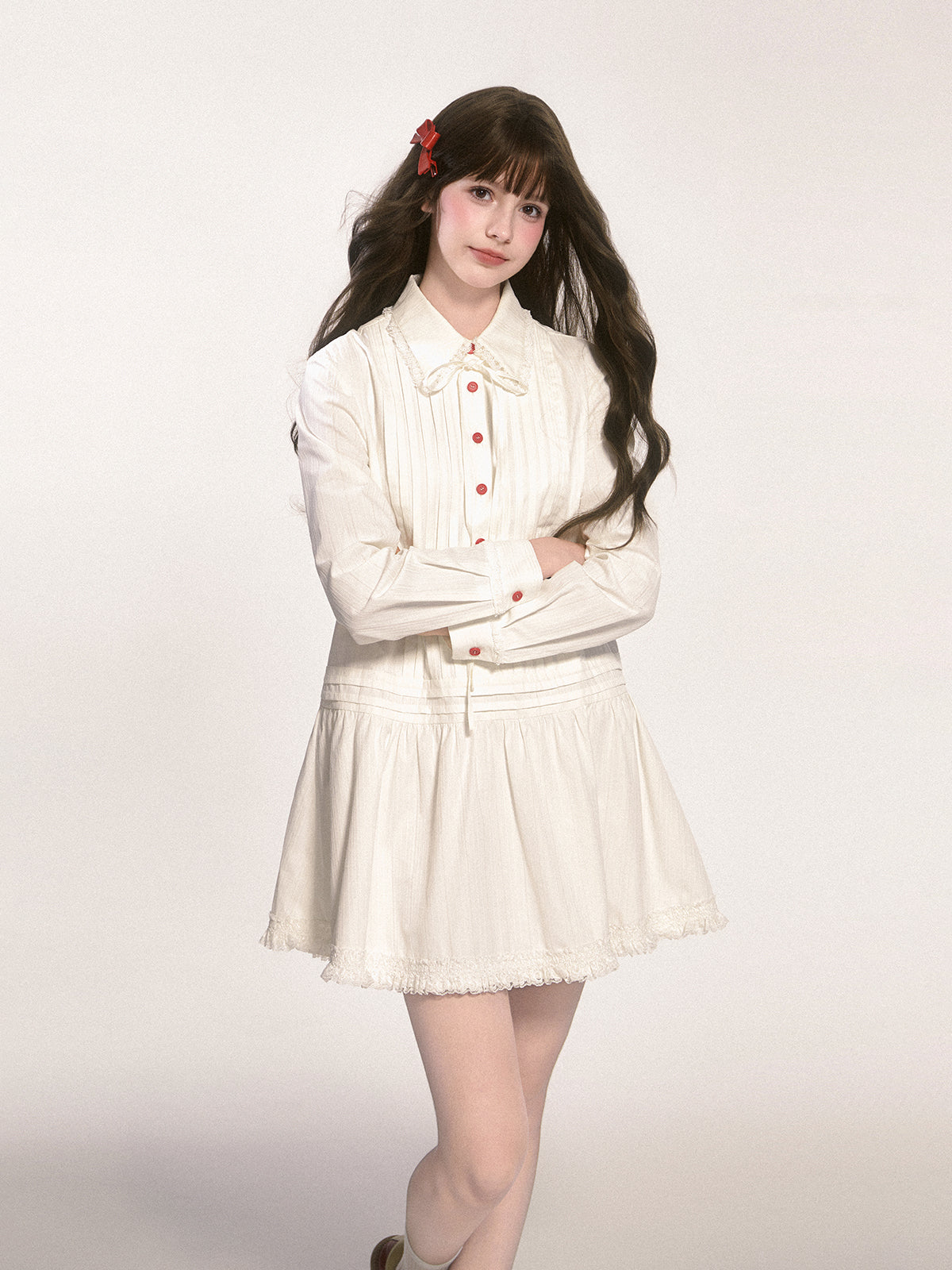 Doll Collar Pintuck Frilled Shirt Dress