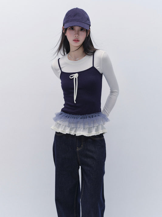 Ribbed Tulle Camisole And Frilled Undershirt Set