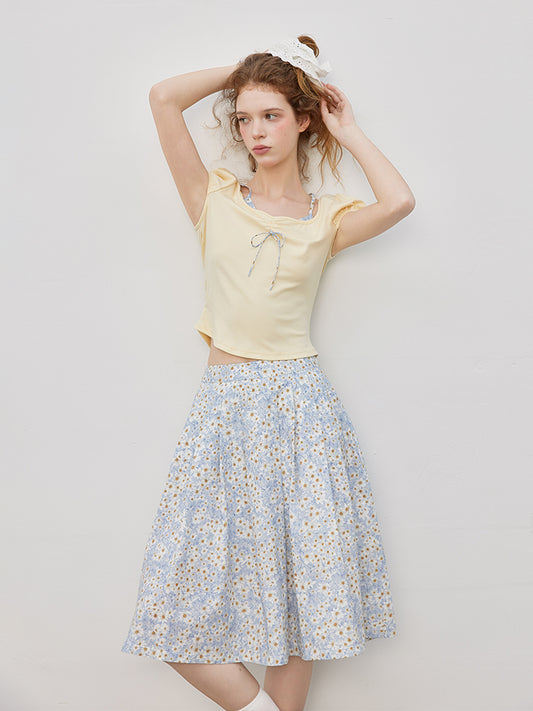 High Waist Floral Cotton Midi Skirt