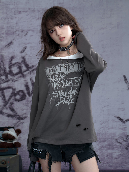 Distressed Punk Graffiti Faux Layer Pullover