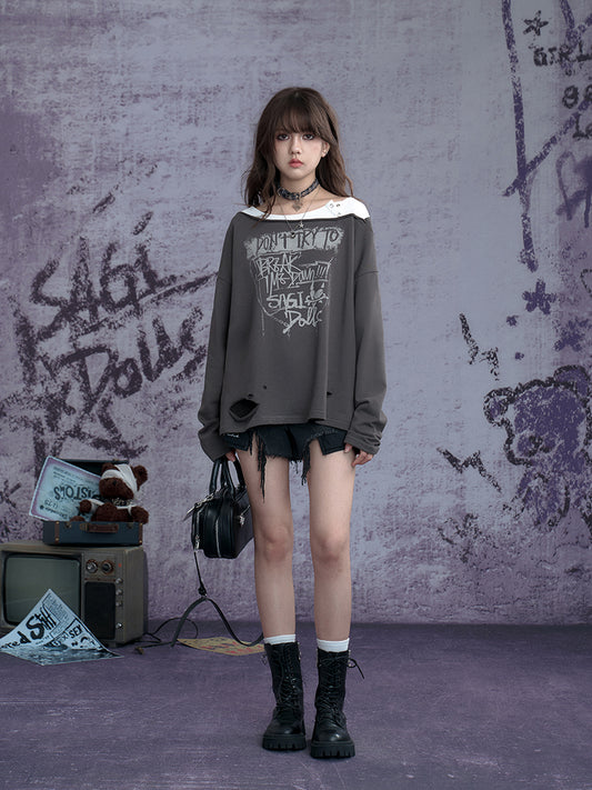 Distressed Punk Graffiti Faux Layer Pullover