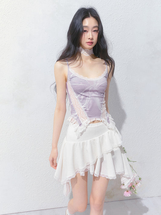 Printed Fitted Camisole With Lace Detail