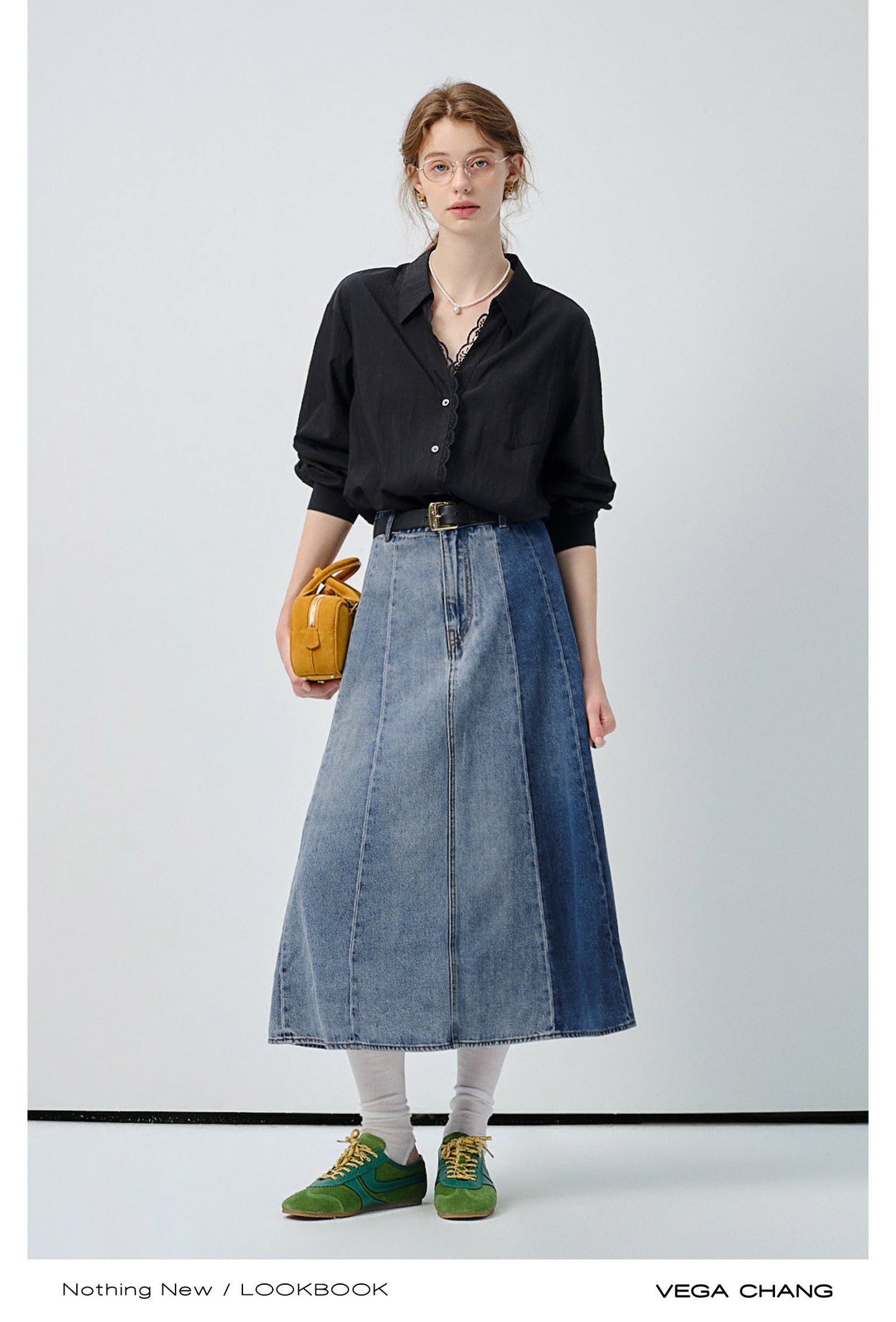 Denim Panel A-Line Skirt
