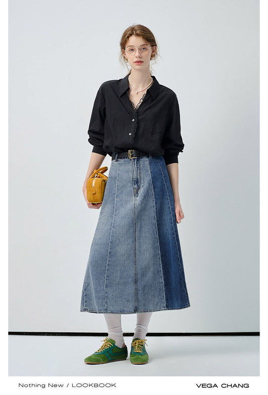 Denim Panel A-Line Skirt