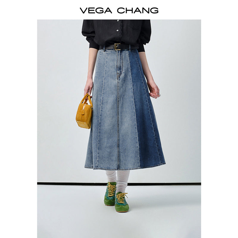 Denim Panel A-Line Skirt