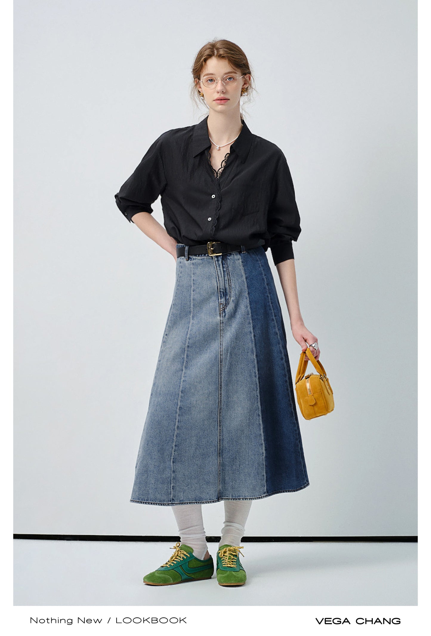 Denim Panel A-Line Skirt
