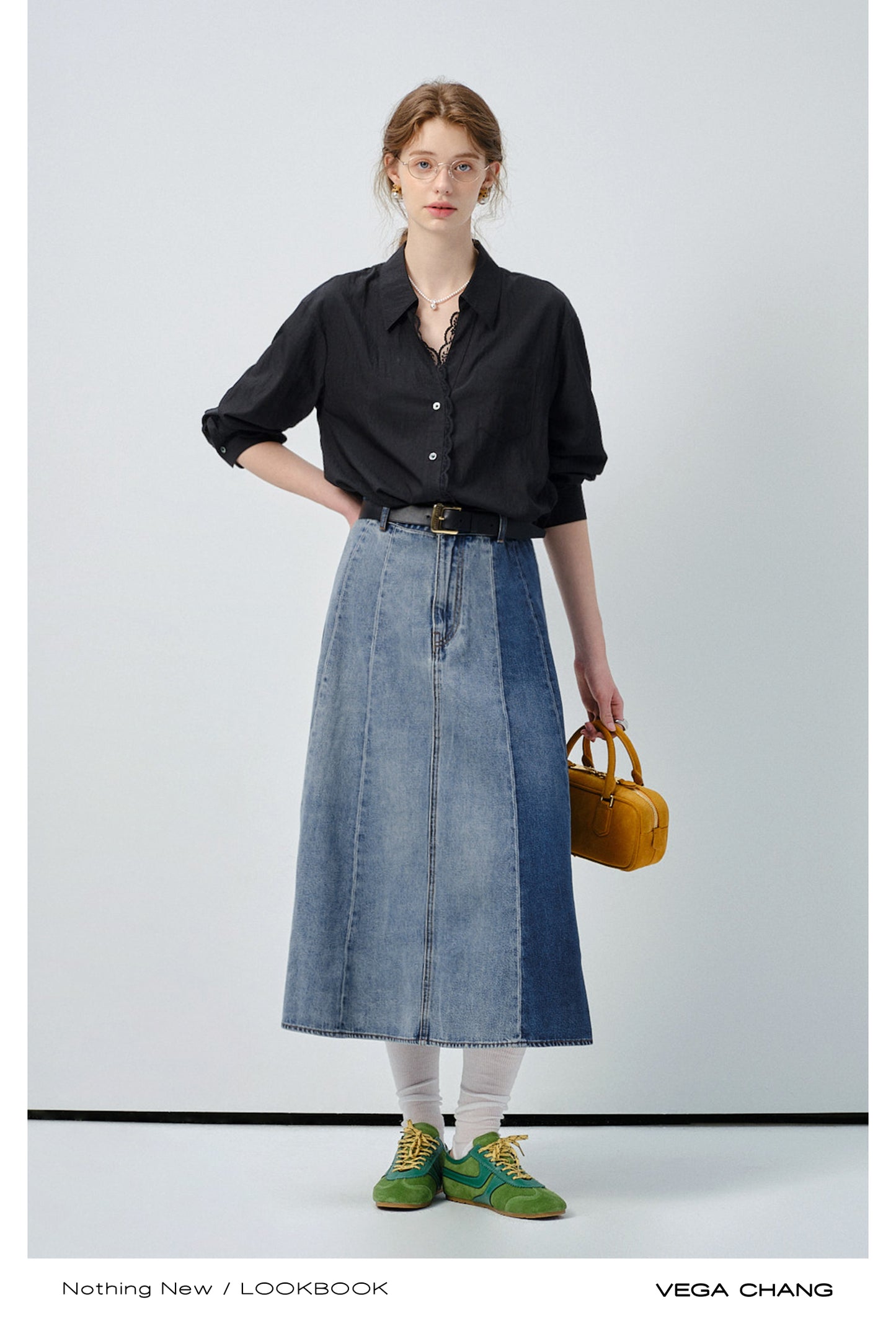 Denim Panel A-Line Skirt