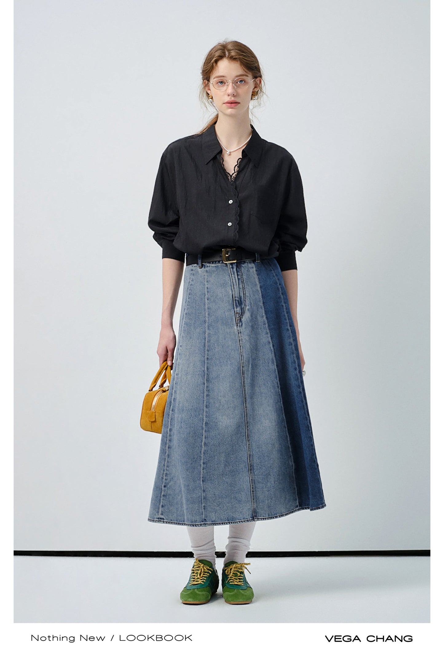 Denim Panel A-Line Skirt