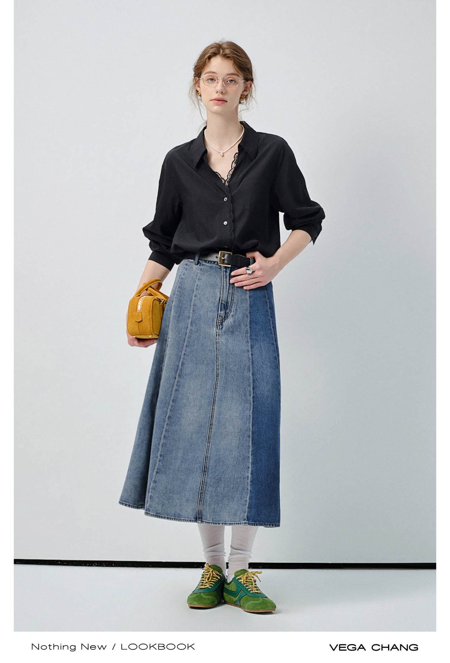 Denim Panel A-Line Skirt