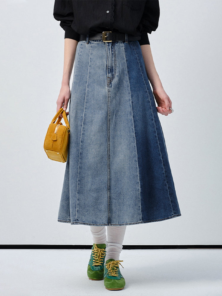Denim Panel A-Line Skirt