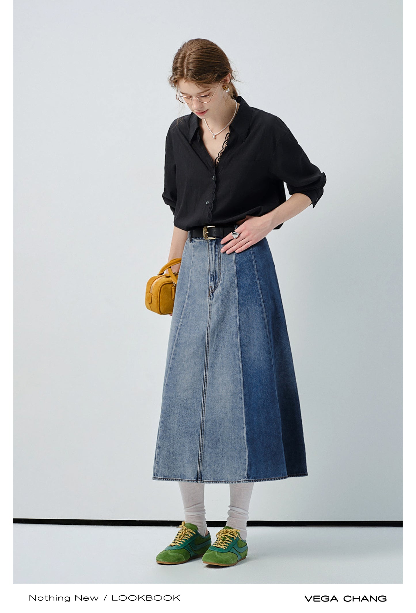 Denim Panel A-Line Skirt