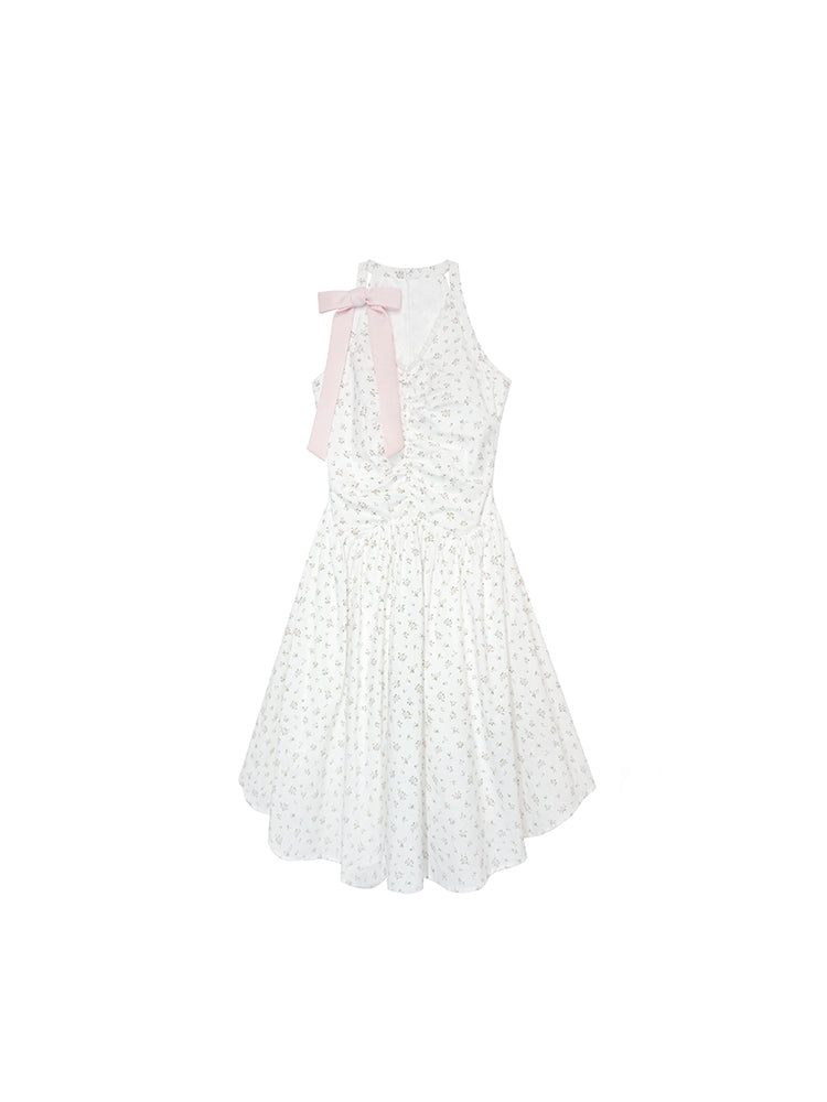 Floral Sleeveless Holiday Dress With Large Bow