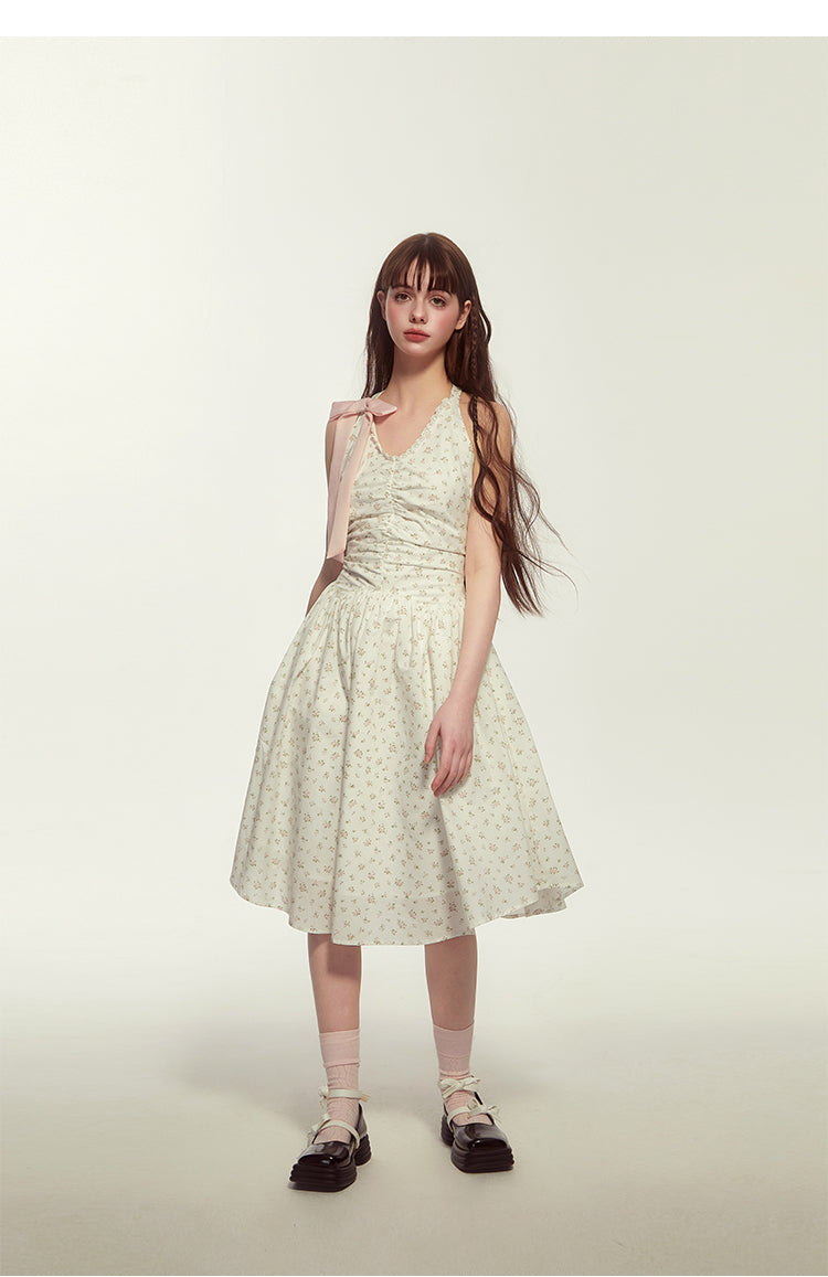 Floral Sleeveless Holiday Dress With Large Bow