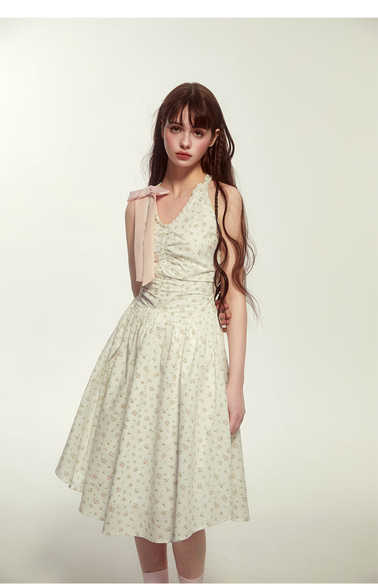 Floral Sleeveless Holiday Dress With Large Bow