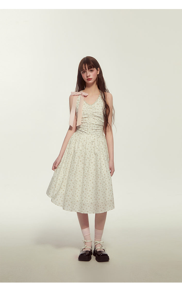 Floral Sleeveless Holiday Dress With Large Bow