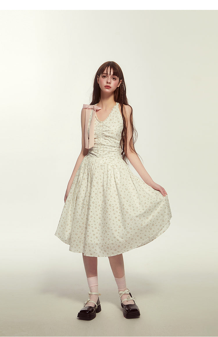 Floral Sleeveless Holiday Dress With Large Bow