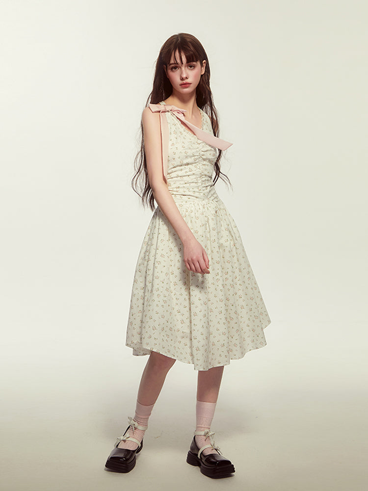 Floral Sleeveless Holiday Dress With Large Bow