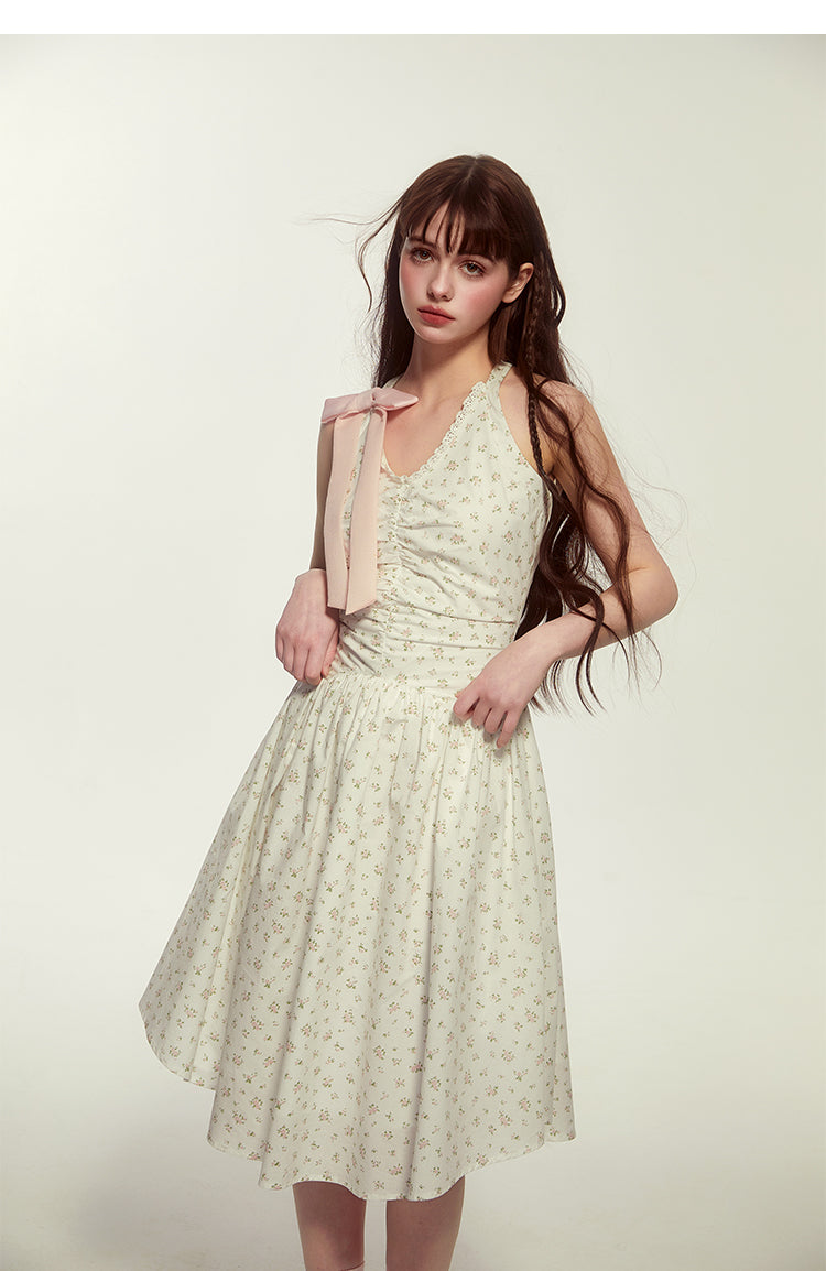 Floral Sleeveless Holiday Dress With Large Bow