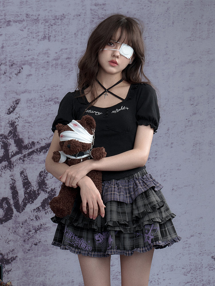 Graffiti Rock-Print Plaid Ruffle Skirt