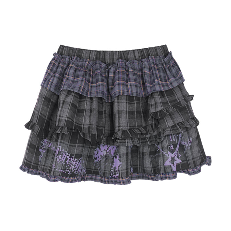 Graffiti Rock-Print Plaid Ruffle Skirt