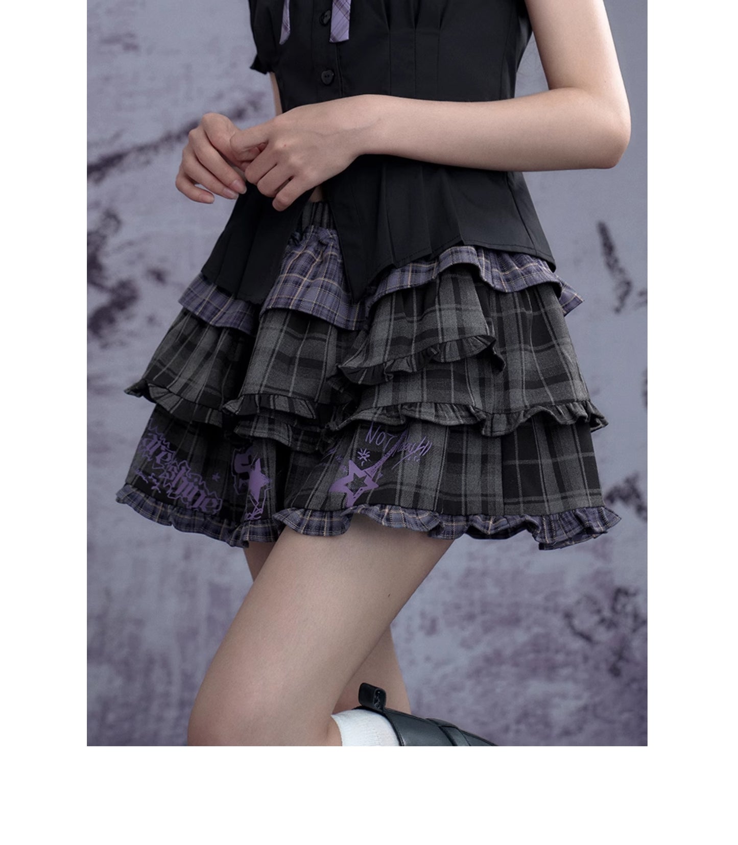 Graffiti Rock-Print Plaid Ruffle Skirt