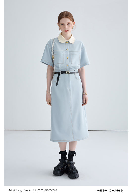 Contrast-Stitched Shirt Dress With Retro Collar In 2 Lengths