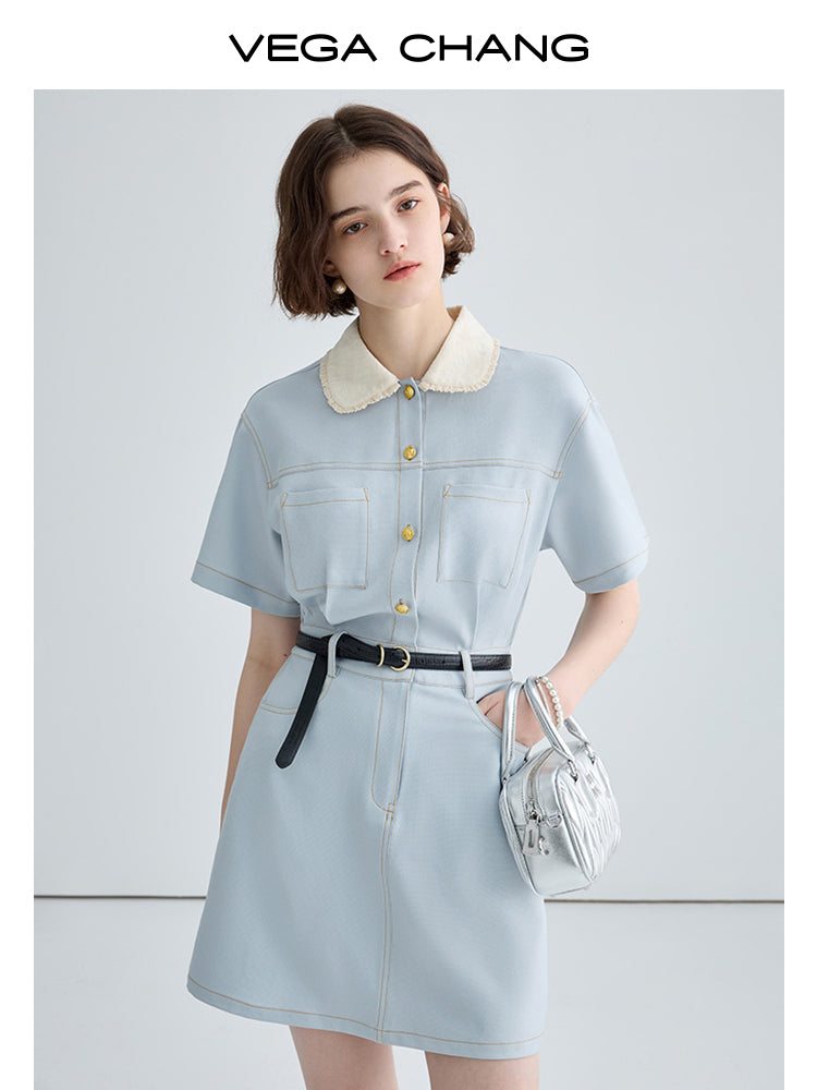 Contrast-Stitched Shirt Dress With Retro Collar In 2 Lengths