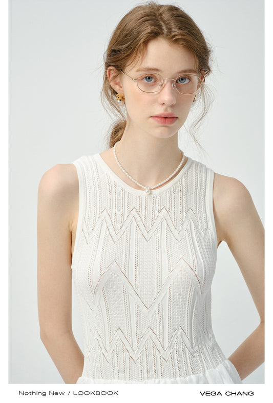 Chevron Lace Knit Dress With Textured Skirt