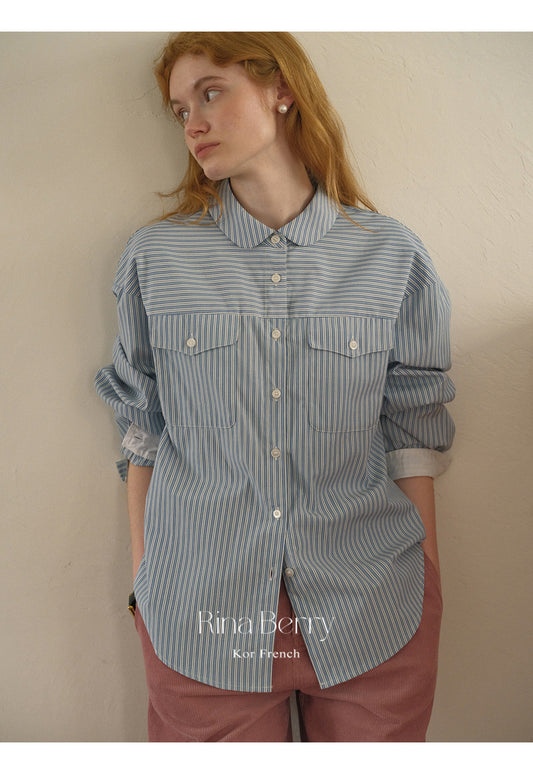 Contrasting Striped Round Collar Shirt