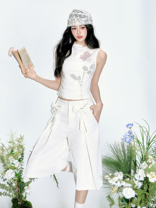 Sleeveless Draped Mesh Top With Rose Print