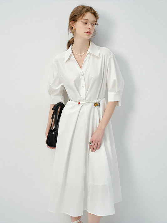 3/4 Sleeve Shirt Dress With Folded Accents